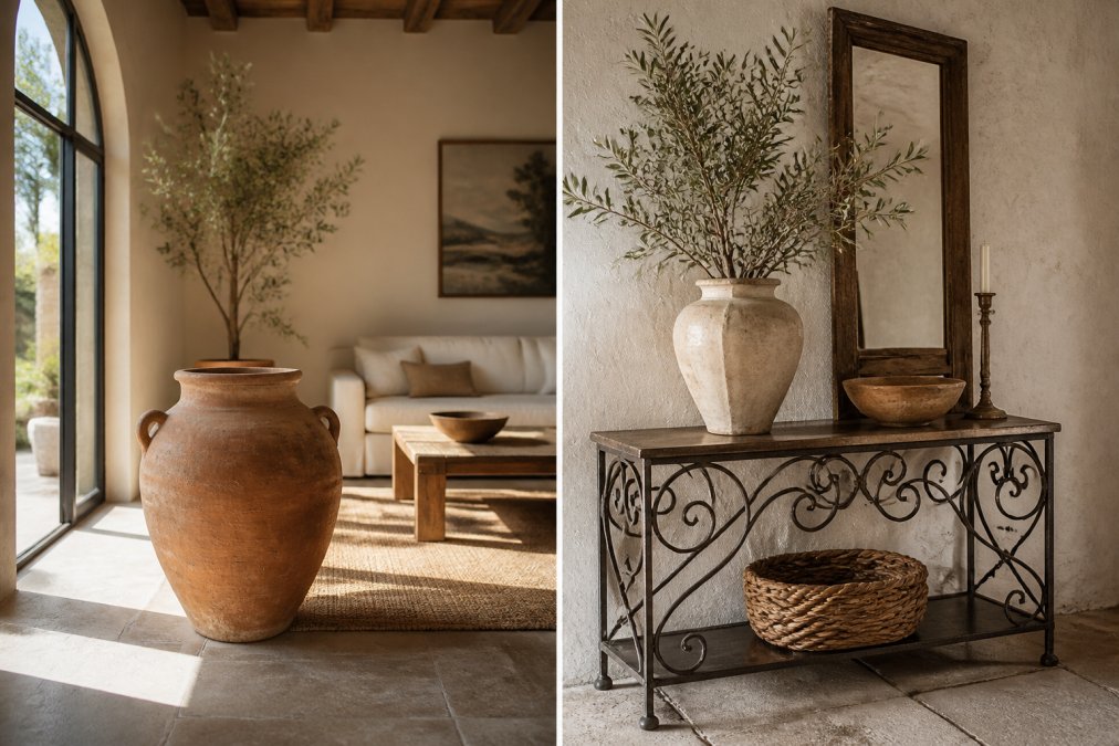 Un salon méditerranéen ensoleillé avec une grande urne en terre cuite sur un sol en pierre, une console en fer forgé contre un mur en plâtre et des branches d'olivier dans un vase en céramique, façon showroom de luxe