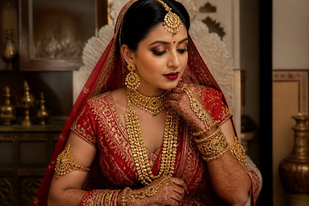 Close-up of a woman wearing a complete traditional Rajasthani bridal jewellery set, including a golden Borla hanging from the centre parting, ornate Rani Haar draped across the chest, Bajuband on both wrists, and Hathphool adorning the hands, with rich gold craftsmanship and gemstone detailing visible under warm lighting