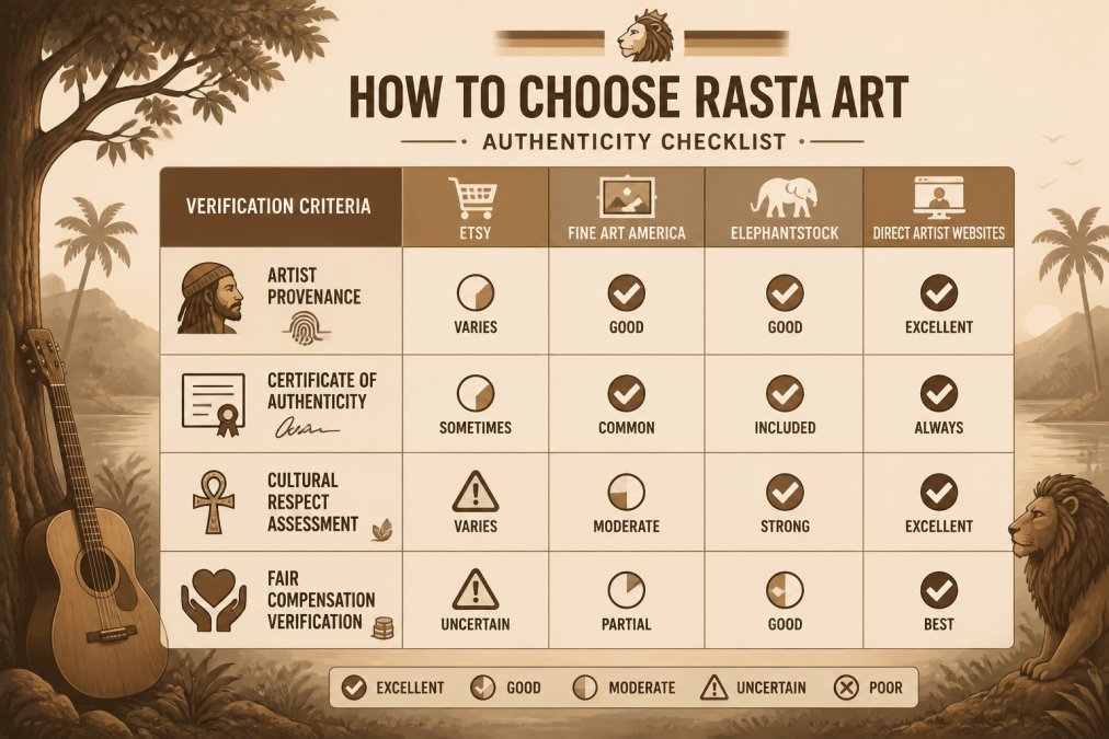 Checklist matrix for verifying authentic rasta art through provenance, certification, cultural respect, and value.