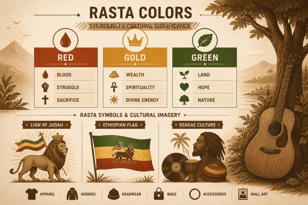 Infographic explaining Rasta colors and symbols for rasta clothing online shops fans