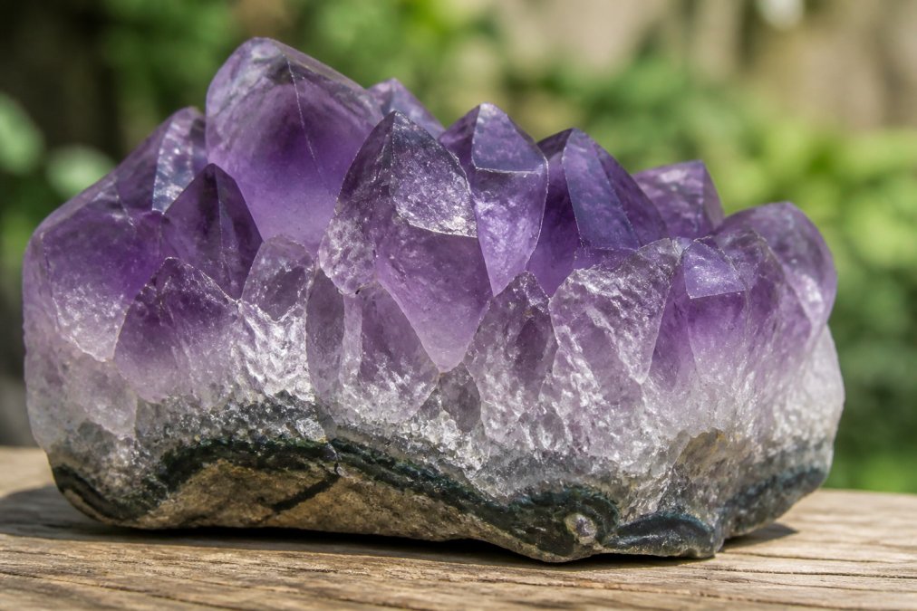 Close-up of an unpolished raw amethyst cluster showing natural geometric formations, deep purple striations, and authentic color gradation from base to point terminations in natural daylight