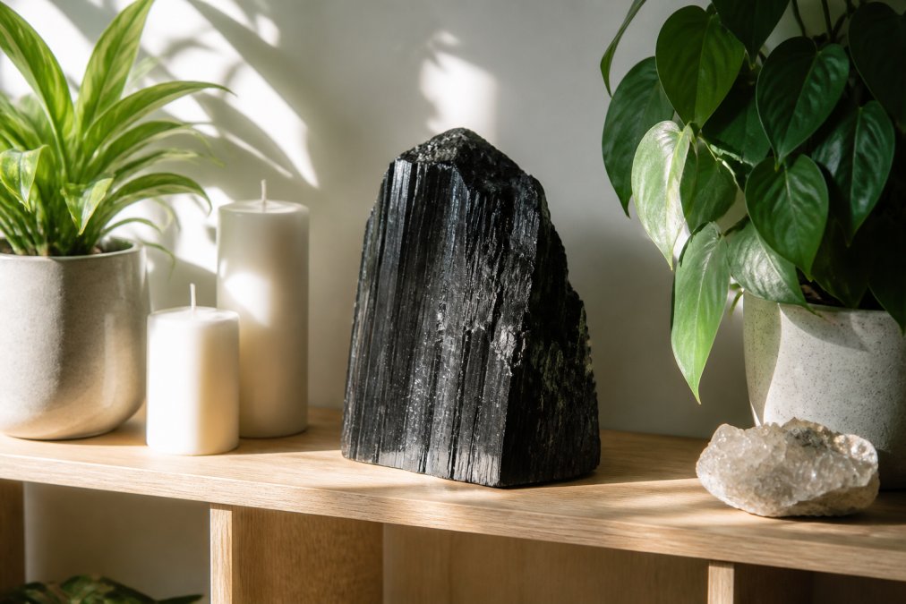 A serene home interior with a large raw black tourmaline specimen displayed prominently on a wooden shelf beside potted plants and white pillar candles, with soft natural window lighting creating shadows across the stone's geometric surfaces