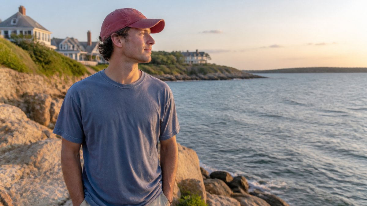 A person in their late 20s wearing a soft, garment-dyed coastal graphic tee and a weathered baseball cap, standing near a rocky New England shoreline at golden hour, looking out at the water with a relaxed, nostalgic expression
