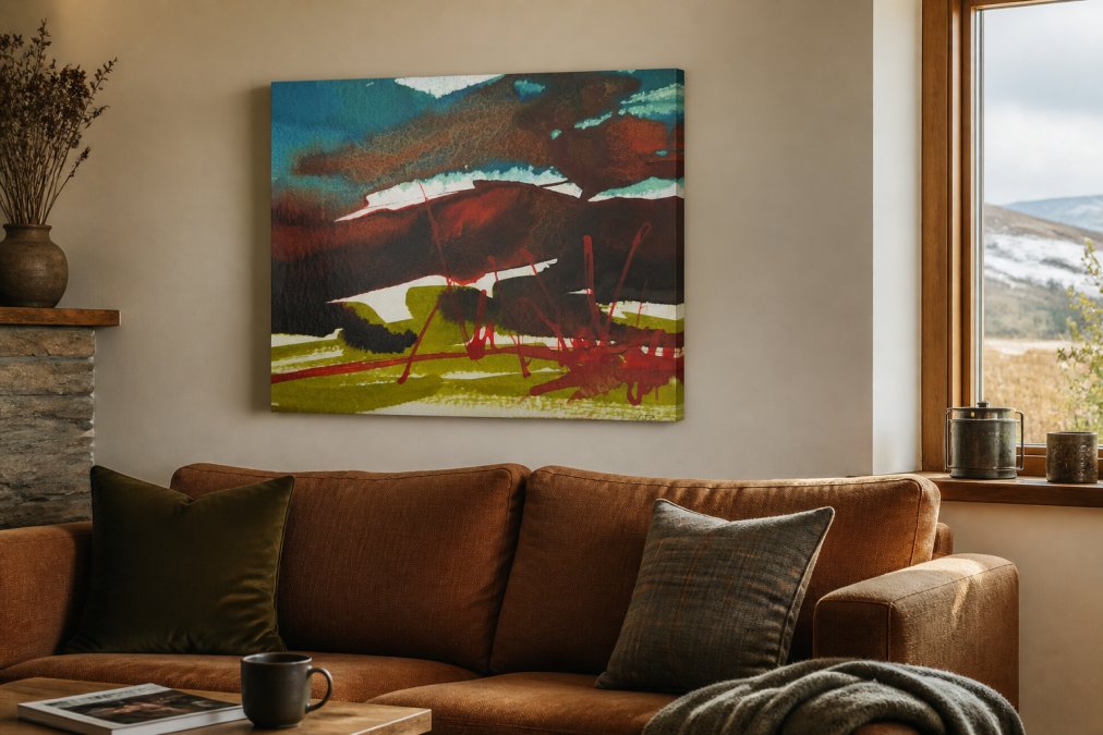A cozy living room with a Highland croft painting hung above a warm-toned sofa, natural light from a window highlighting the artwork's textured brushwork and earthy tones