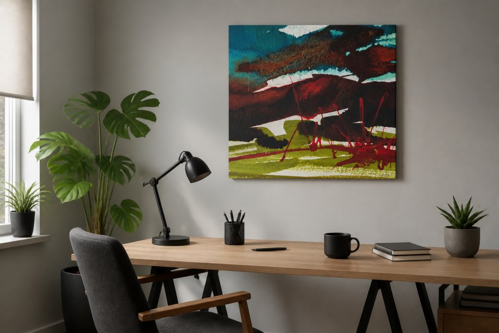 A contemporary bedroom or office space featuring an abstract Scottish landscape canvas print as a focal point, paired with minimalist furniture and neutral walls to showcase the artwork