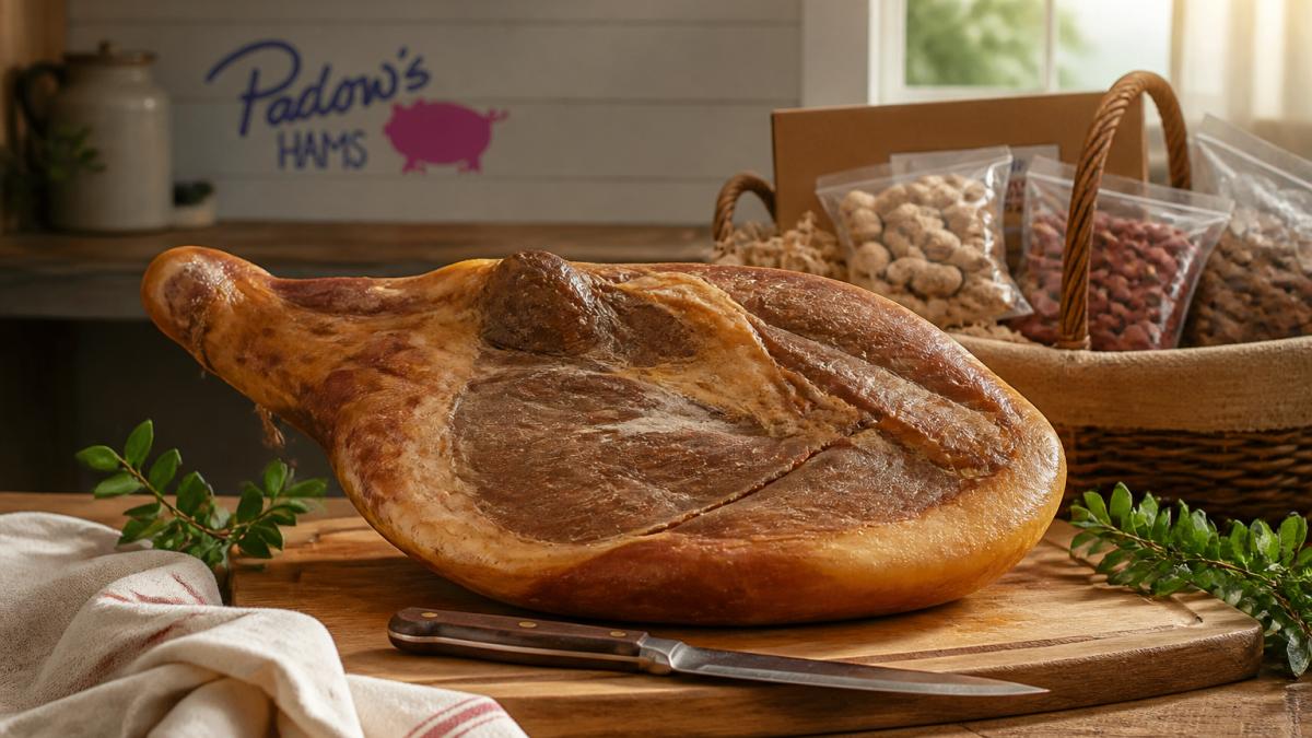 A whole salt-cured Virginia country ham on a wooden carving board surrounded by a knife, cloth napkin, and sprigs of greenery in warm kitchen light