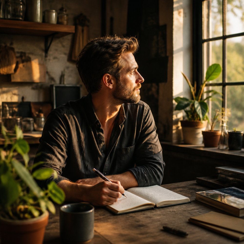 Person sitting at a wooden desk with a journal, pen in hand, looking thoughtfully out a window with natural morning light streaming in, surrounded by plants and a warm, reflective atmosphere