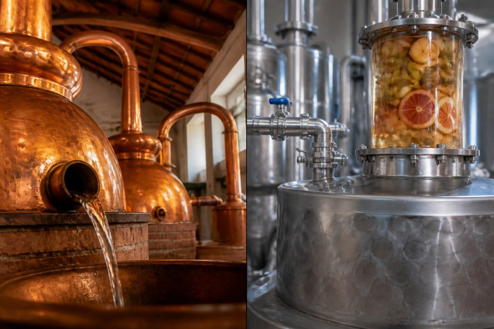 Close-up of copper distillery equipment with agave spirits flowing through traditional copper stills in a Mexican distillery, warm golden light reflecting off the metal surfaces
