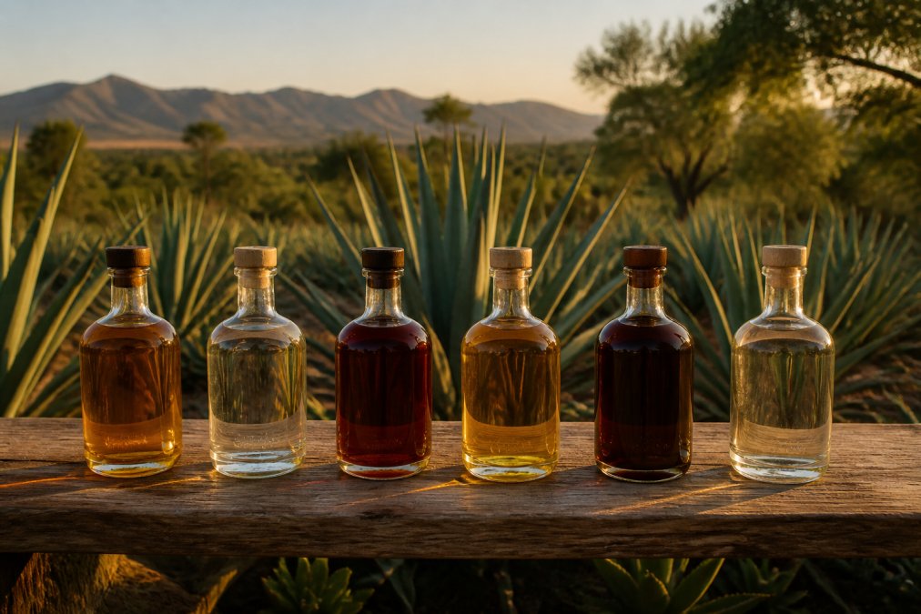 Premium tequila bottles displayed on a wooden shelf with agave plants and Mexican landscape visible in soft background lighting, warm golden hour illumination