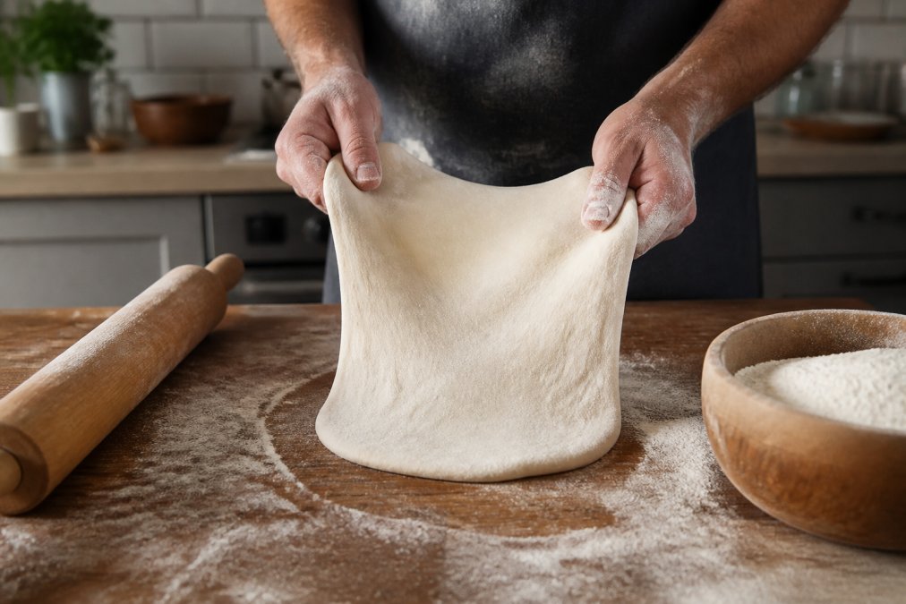 Hands stretching raw dough on a floured wooden counter to prepare thin crust pizza at home