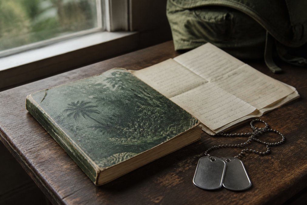 A weathered paperback memoir with a jungle-green cover resting on a wooden desk beside a pair of dog tags and a folded letter, soft natural light from a nearby window