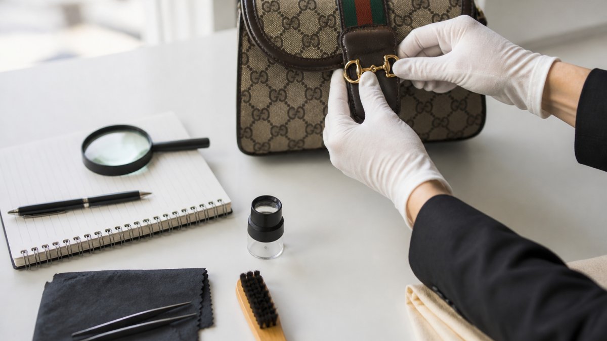 Hands examining authentic vintage Gucci bag hardware, stitching details, and interior serial number on white surface with natural daylight