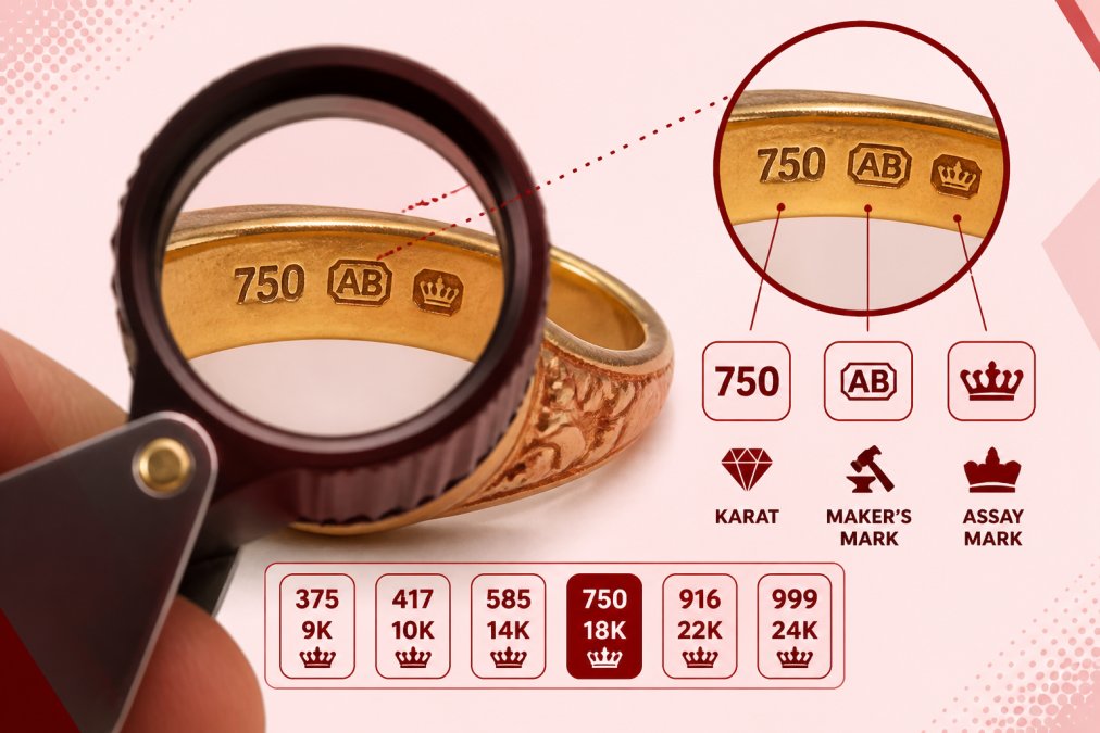 Close-up of a jeweler's loupe examining hallmarks and karat stamps on a vintage gold ring under bright lighting, showing magnified detail of maker's marks