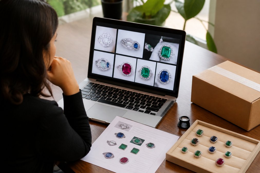 Person at a desk reviewing detailed macro-photography images of vintage jewelry on a laptop screen, with a condition report document and shipping box nearby, natural office lighting