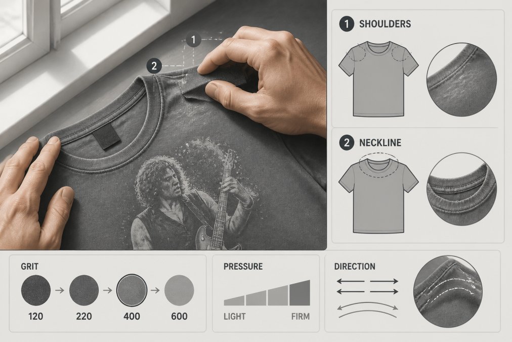 Close-up of hands using fine-grit sandpaper on a heavyweight cotton t-shirt, showing the technique for creating authentic wear patterns on the shoulders and neckline, with soft natural window lighting illuminating the fabric texture