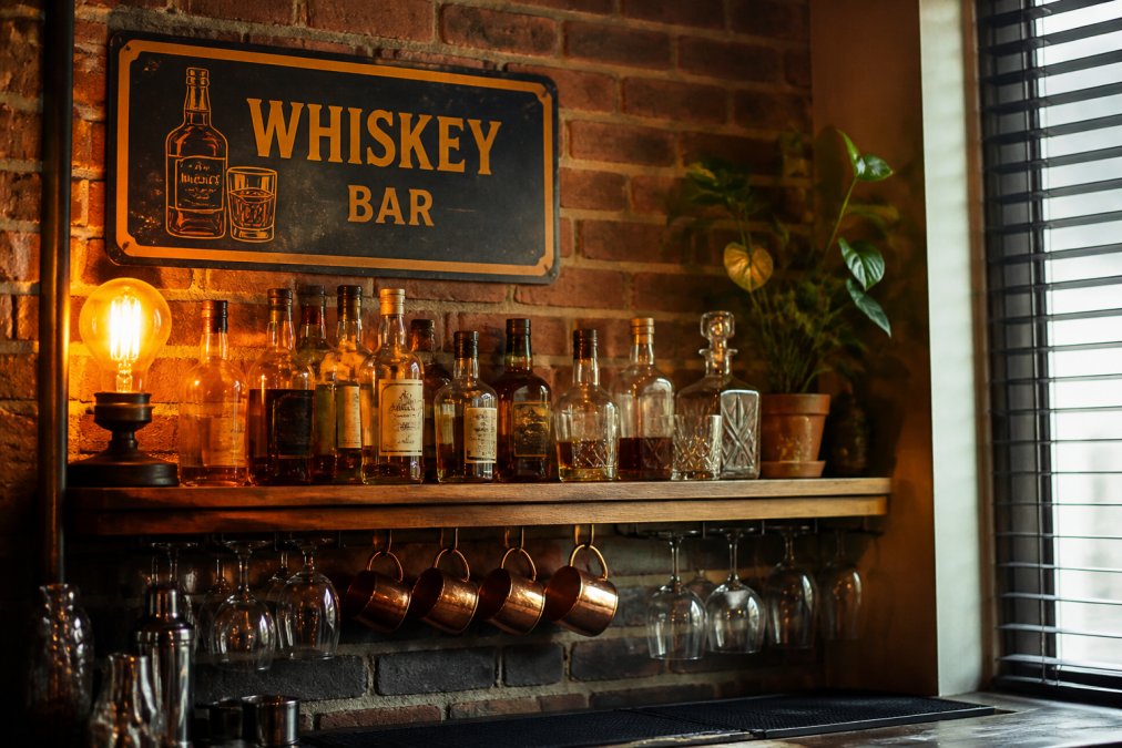 Warmly lit home bar featuring authentic vintage signs for home bars mounted above a shelf of whisky bottles.