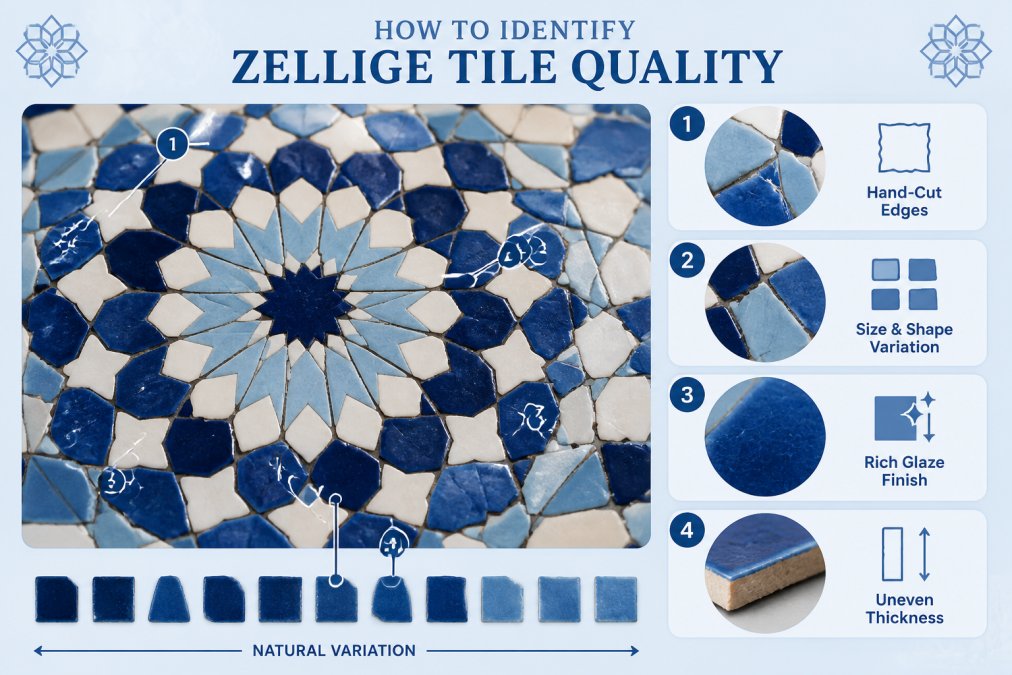 Detailed close-up of hand-cut zellige tiles showing intricate geometric patterns, individual tile variations, uneven edges, and rich glaze finish in natural daylight