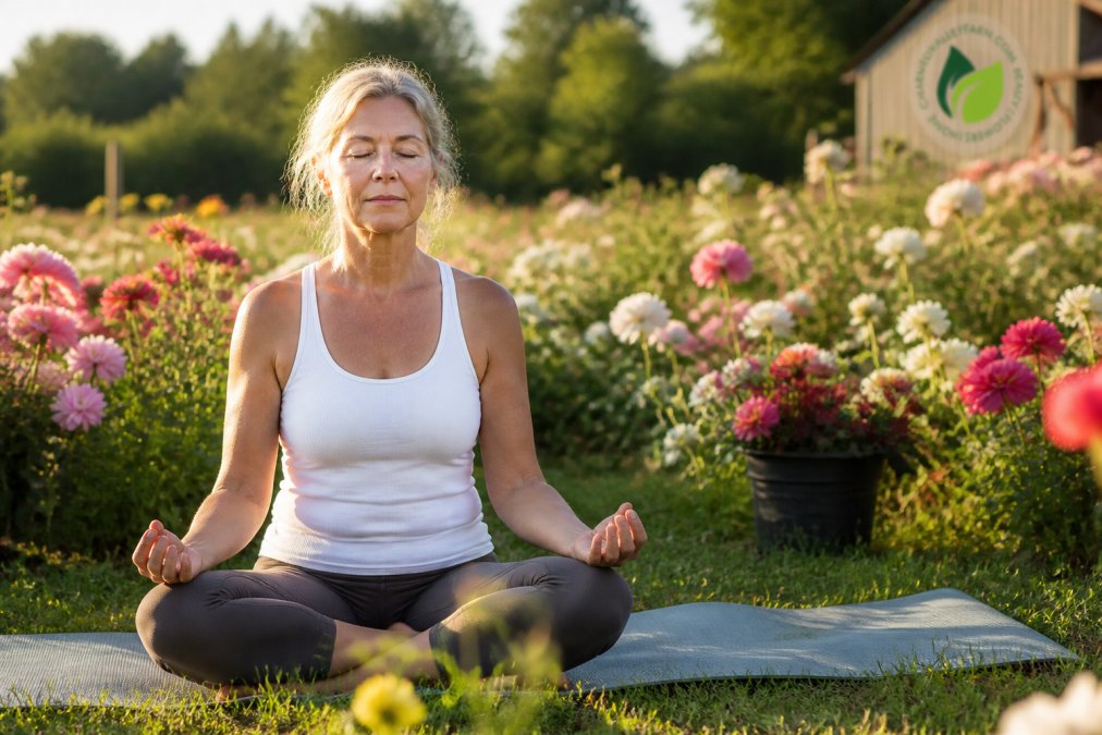 A woman in her fifties sitting cross-legged on a yoga mat in a sunlit flower field, eyes closed, breathing deeply during a gentle outdoor practice