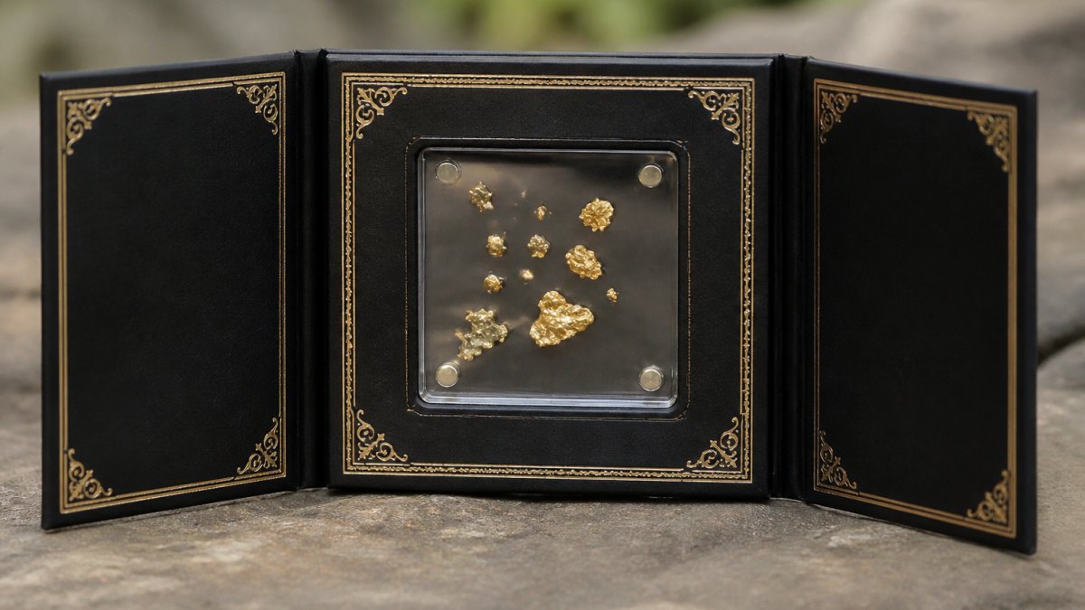 Handcrafted tri-fold display case with embossed gold detailing, raw gold flakes visible through protective acrylic window, photographed in natural light on neutral background