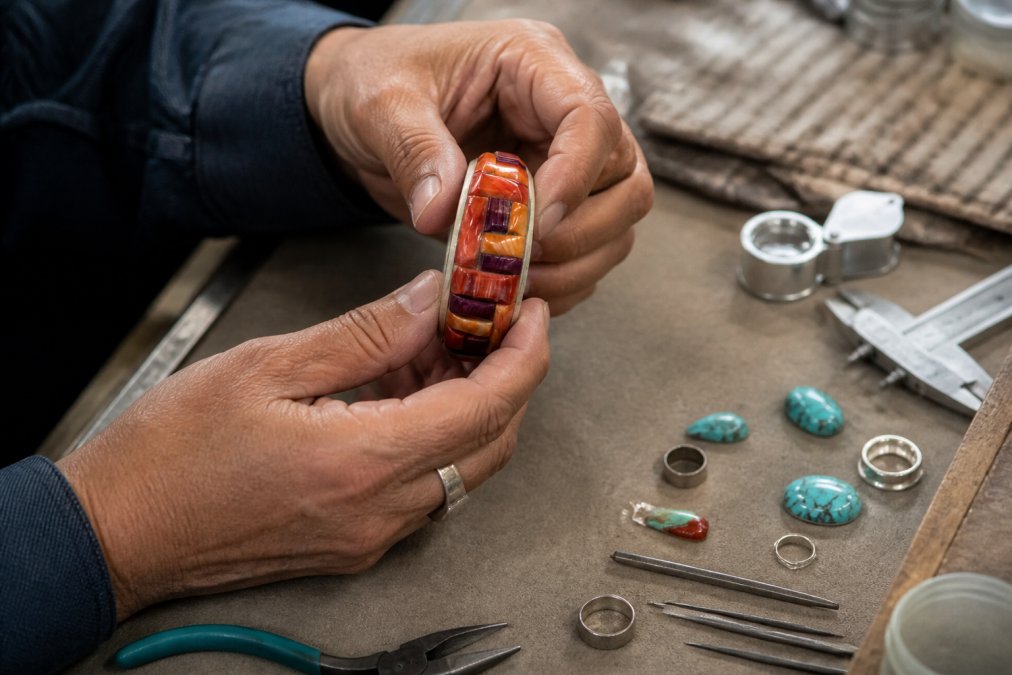 Close-up of hands carefully examining a Zuni inlay bracelet, with natural light revealing detailed stone setting, silver craftsmanship, and intricate mosaic patterns in turquoise and coral