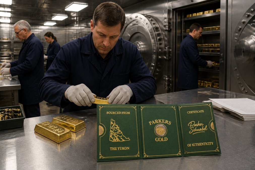 Professional gold refinery facility with workers handling gold bars and official documentation in a secure environment with proper lighting and security measures