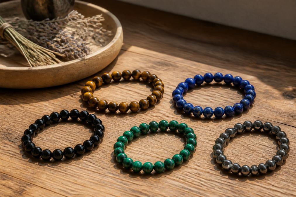 Een overzichtsfoto van vijf verschillende edelsteen armbanden op een natuurlijke houten tafel, met zacht daglicht dat de kleuren van tijgeroog, lapis lazuli, onyx en malachiet laat glanzen