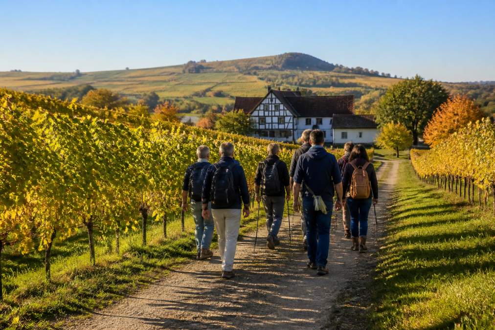 Kleine Gruppe von Erwachsenen wandert an einem sonnigen Herbsttag auf einem Weg zwischen Weinbergreihen, sanfte Hügel im Hintergrund und ein traditionelles Weingut mit Fachwerk am Ende des Weges