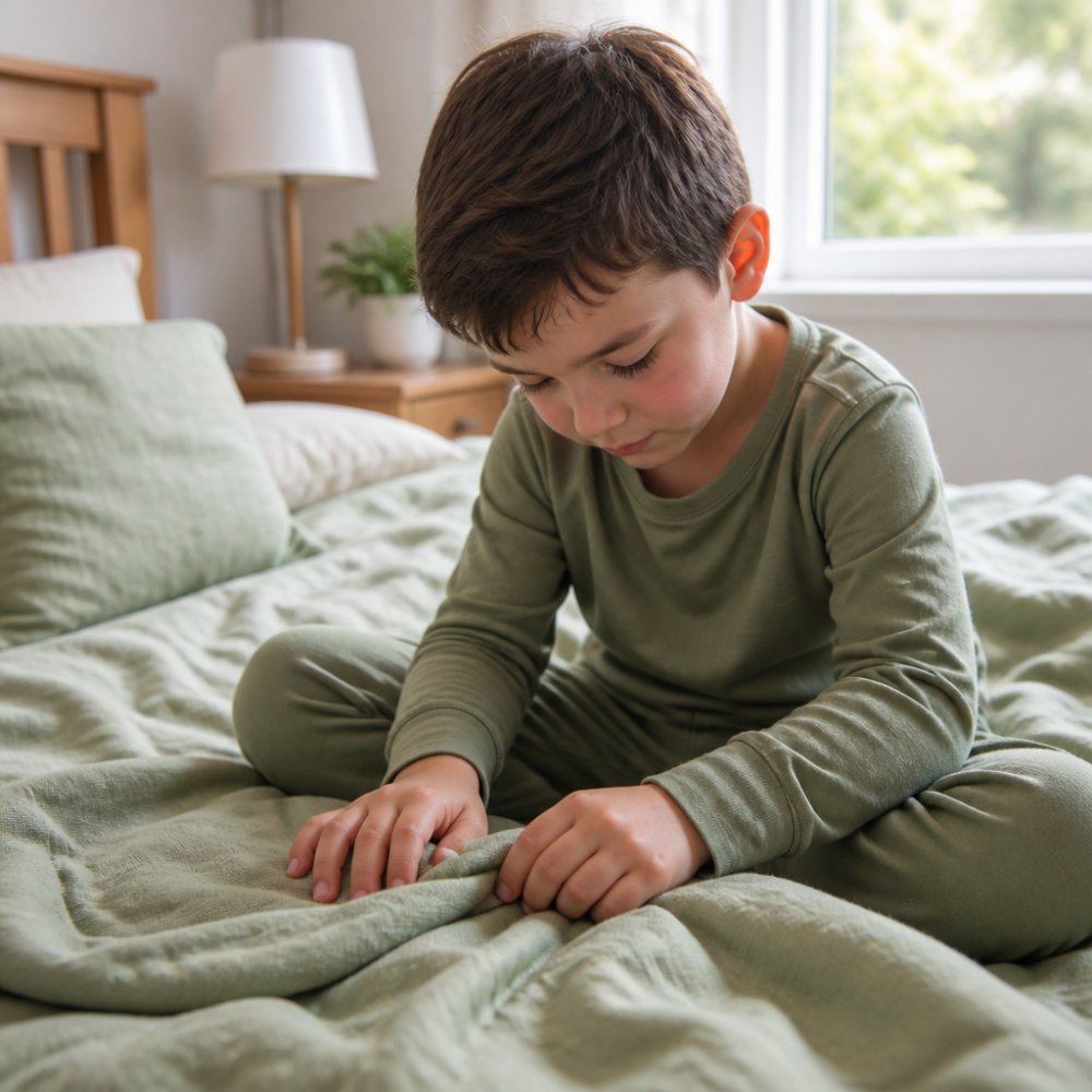 A close-up of a child's hands touching soft bamboo fabric, calm expression, bright cozy bedroom with natural window light