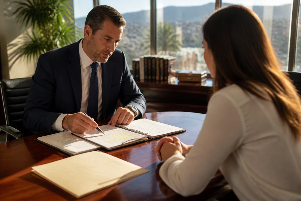 A personal injury attorney seated across from a client at a wooden conference table, reviewing medical records and pointing to a highlighted section, warm afternoon light through office windows
