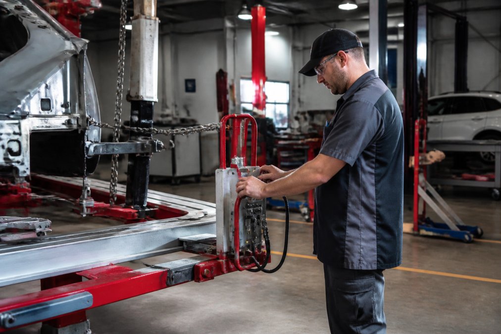 Professional auto body technician operating a computerized frame machine in a modern collision repair shop with overhead lighting and equipment visible in background
