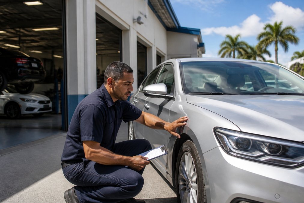 Exterior of a clean, well-lit auto body shop in Hollywood, Florida, with a technician in uniform inspecting a silver sedan near open bay doors, bright afternoon sunlight
