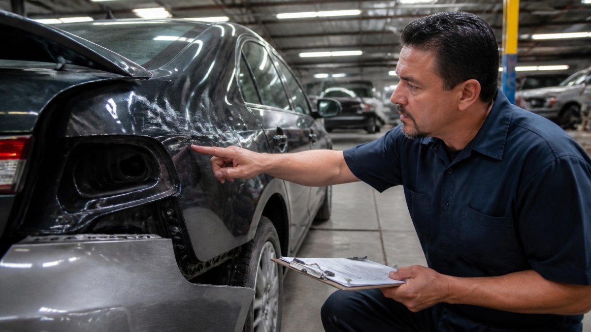 Technician inspecting vehicle damage to estimate the auto body repair time in a modern workshop bay.