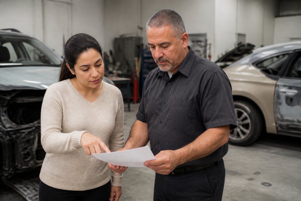 A customer and an auto body shop manager reviewing a printed warranty document together inside a clean, well-lit repair facility, with a partially repaired vehicle visible in the background