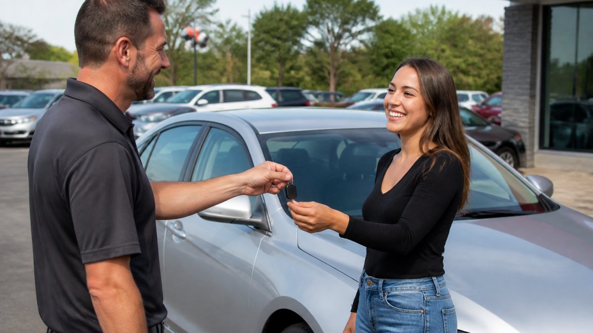 A friendly salesperson at a used car dealership handing keys to a smiling customer in front of a sedan on the lot