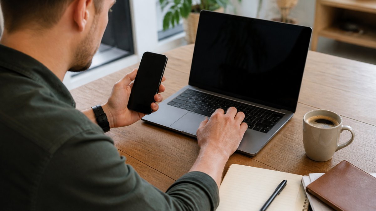 Person mit Smartphone und Laptop, die ein Fahrzeugdesign auf dem Bildschirm bearbeitet, mit Kaffee und Notizen auf dem Schreibtisch