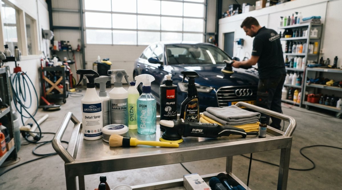 Professionele detailer die voertuig polijst met polijstmachine en microvezeldoeken, werkplaats vol met georganiseerde detailing-producten op achtergrond