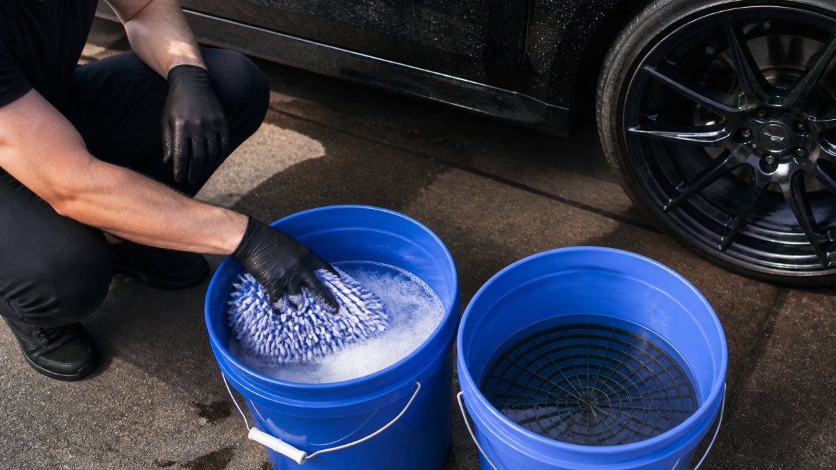 Close-up van iemand die een auto wast met microvezelwashandschoen in twee emmers met water, grit guard duidelijk zichtbaar in de emmer