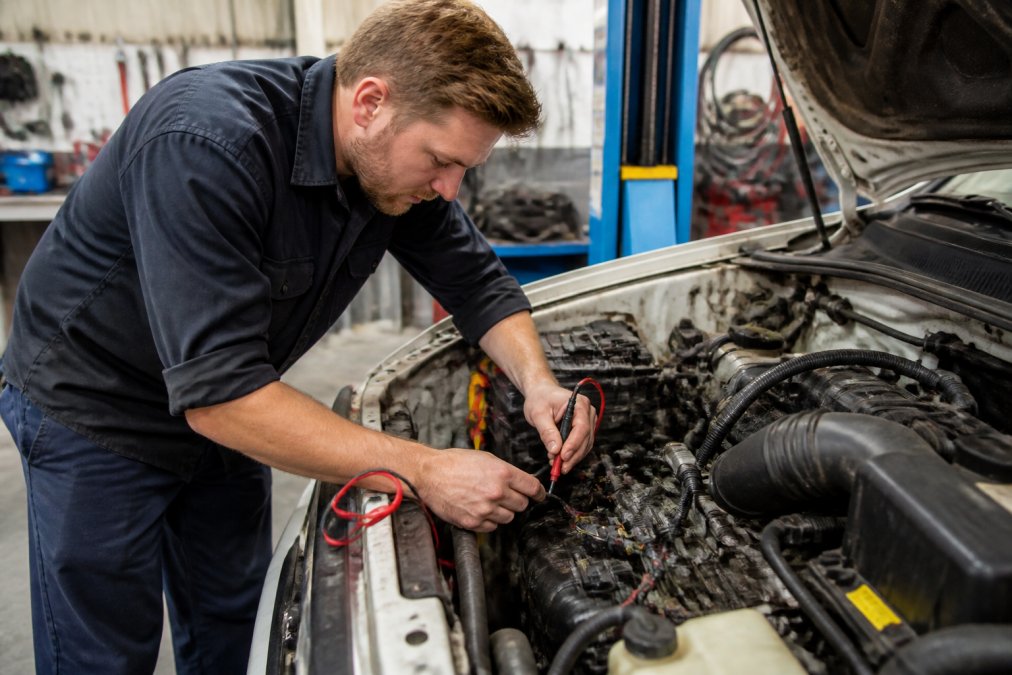 A qualified auto electrician working under the bonnet of a ute in a clean, well-equipped workshop, using a multimeter to test wiring connections