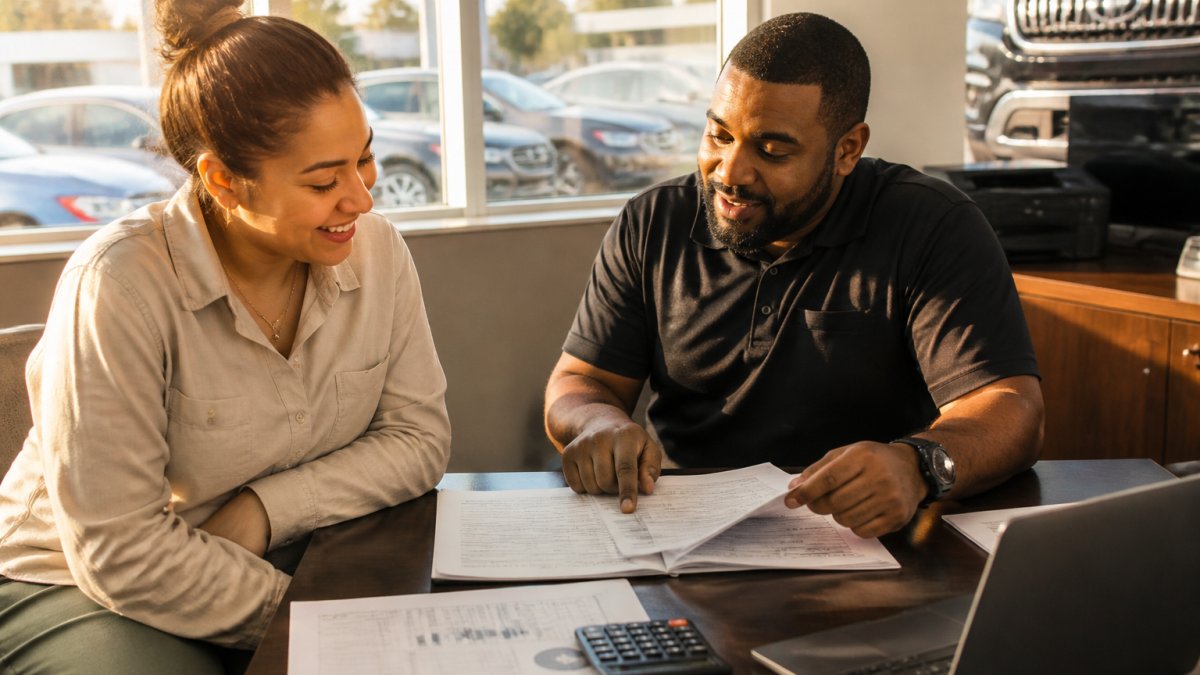 A buyer and a friendly finance manager reviewing loan paperwork together at a dealership desk, laptop open with a calculator and credit report printout nearby, warm afternoon light through the window