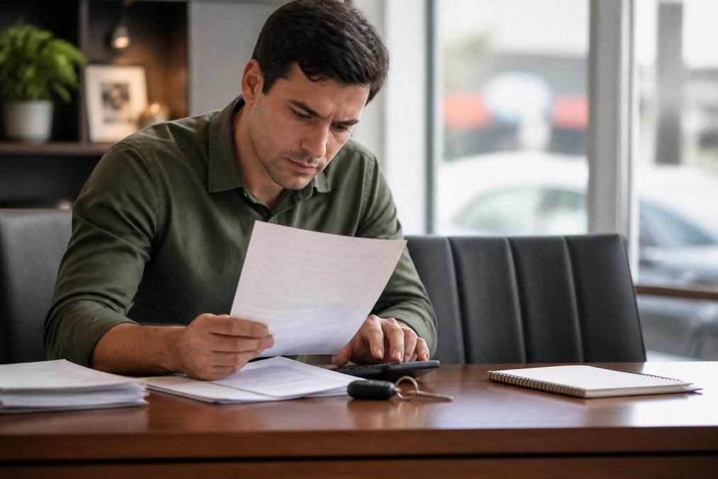 A person sitting at a desk reviewing financial documents and a laptop, looking focused and determined, with car keys resting on the desk beside them, warm office lighting