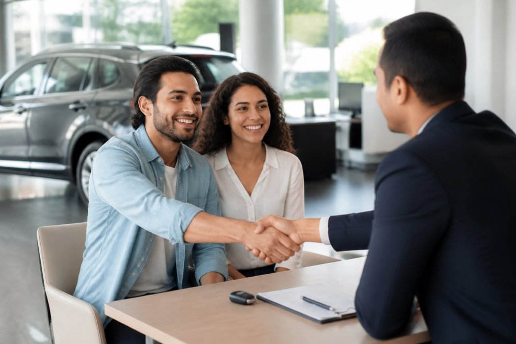 A smiling couple at a car dealership shaking hands with a finance advisor, with a vehicle visible in the background showroom, bright natural lighting