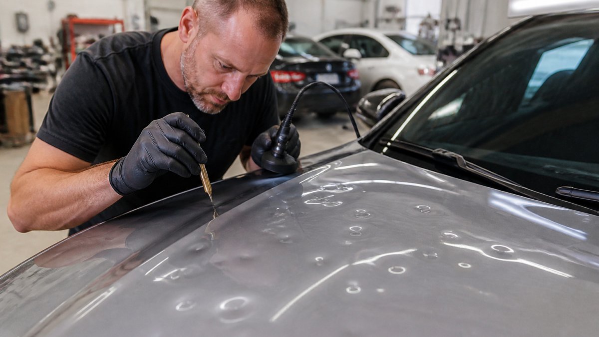Professional technician using specialized tools to assess hail dents on vehicle hood, examining multiple impact points with precision instruments in well-lit repair facility