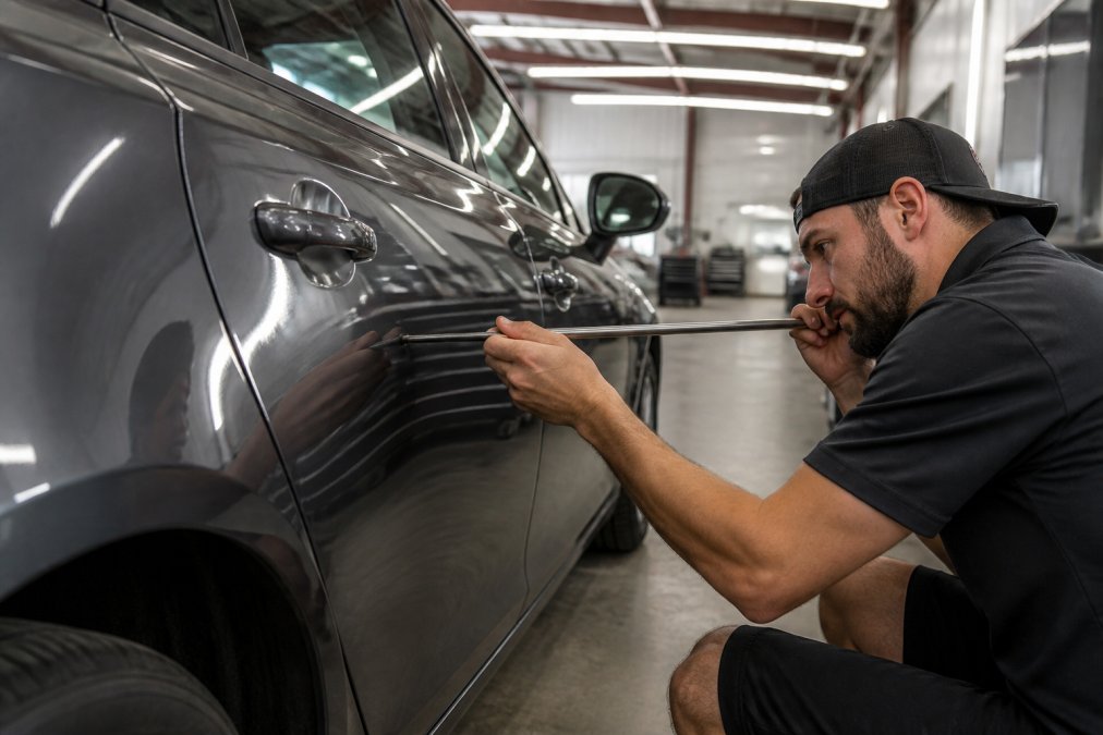 A technician in a spacious well-lit repair facility using a paintless dent repair rod to gently push a hail dent out of a car door panel, with the vehicle's factory finish clearly visible