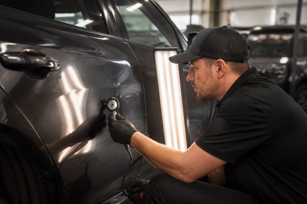 Technician using specialized lighting to assess vehicle damage during the hail repair process in a body shop