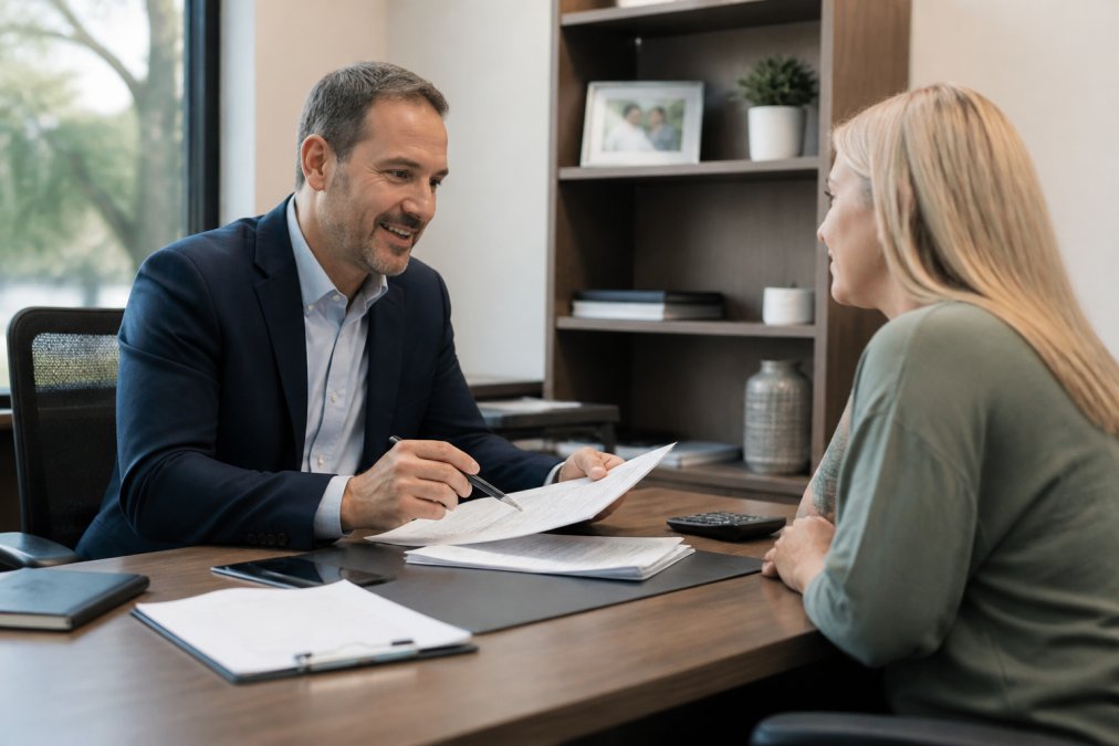 Professional insurance agent sitting at desk with customer, reviewing policy documents and insurance quotes on computer screen in modern office with natural lighting