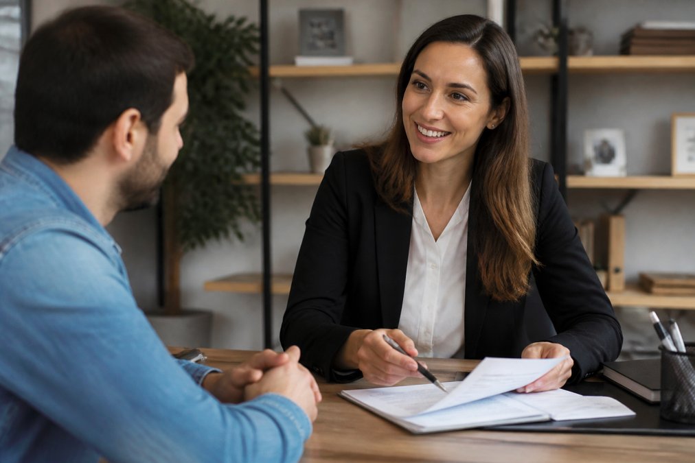 Insurance agent in professional attire having friendly conversation with customer in modern office, reviewing policy documents together with warm lighting