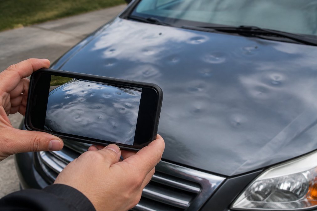 Close-up of a smartphone camera capturing photos of vehicle hail damage on a car's hood in natural daylight, with dents clearly visible and damage patterns showing