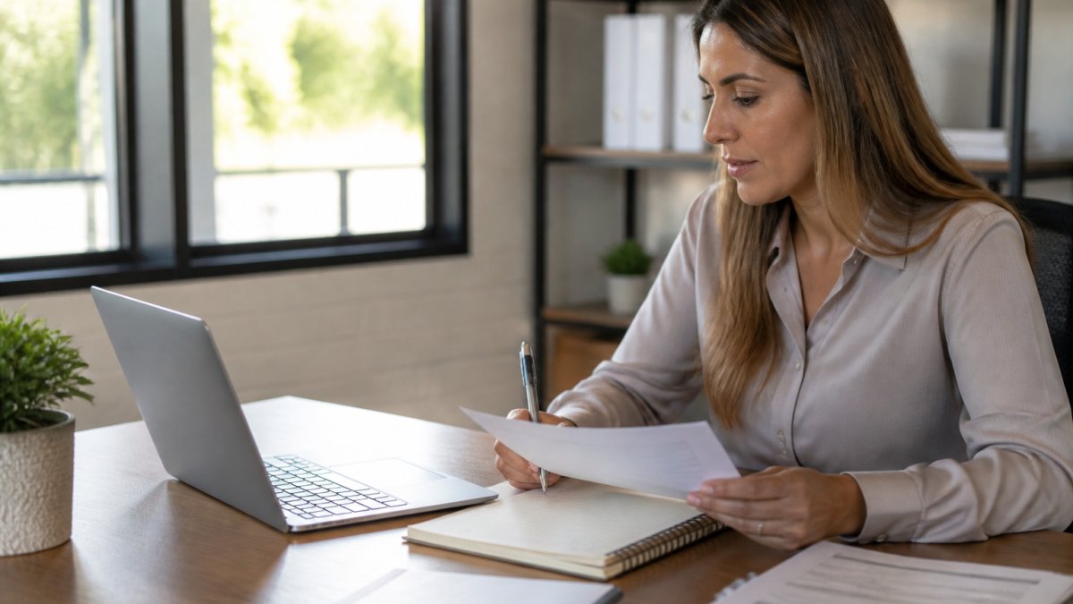 Professional woman reviewing high-risk auto insurance quotes on a laptop at a bright office desk