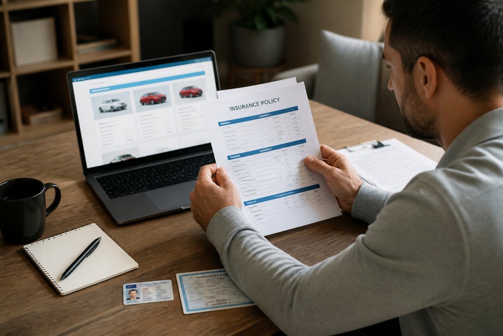 Person sitting at a desk reviewing insurance documents and comparing quotes on a laptop, with a driver's license and vehicle registration visible on the desk