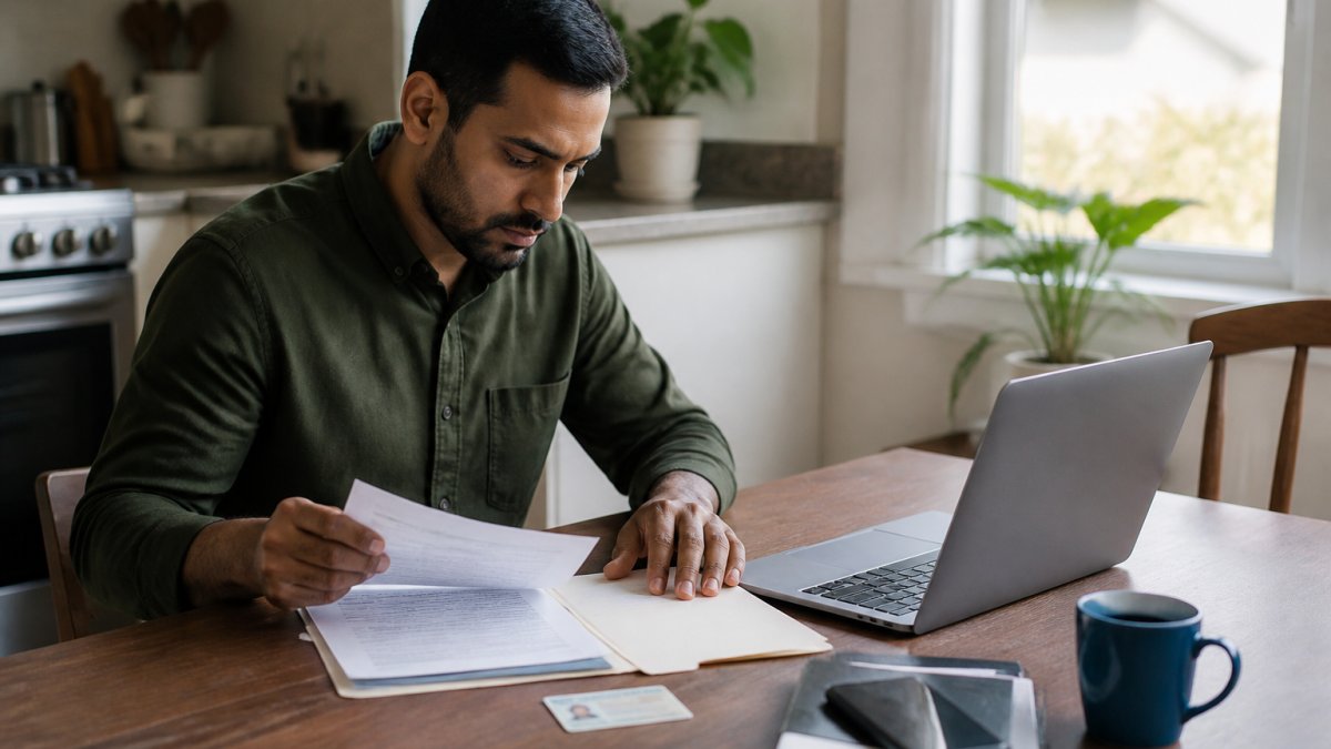 A newcomer sitting at a kitchen table with a folder of documents, a driver's licence, and a laptop open to an insurance quote page, natural daylight